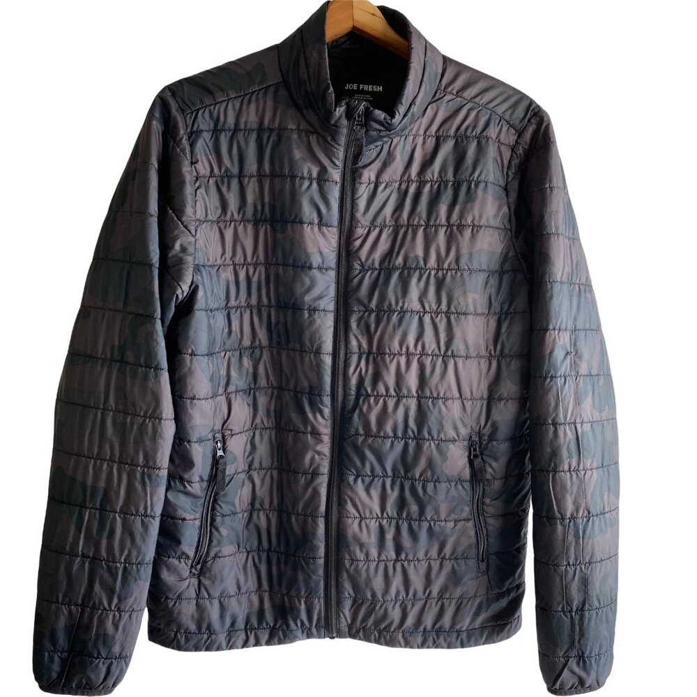 Joe Fresh Women’s Puffer Jacket Size S/P Black Camo Full Zip Pockets Lightweight